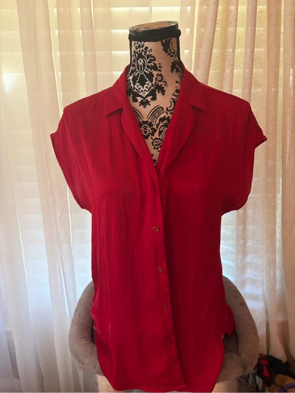 Nine West Red Short Sleeve Button-Front Blouse